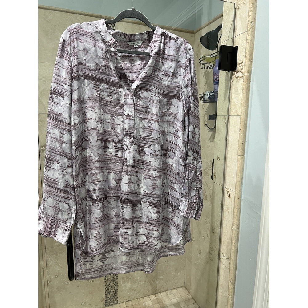 John Mark Purple 100% Silk Tunic Top L Gray Long Sleeve Floral Popover Blouse